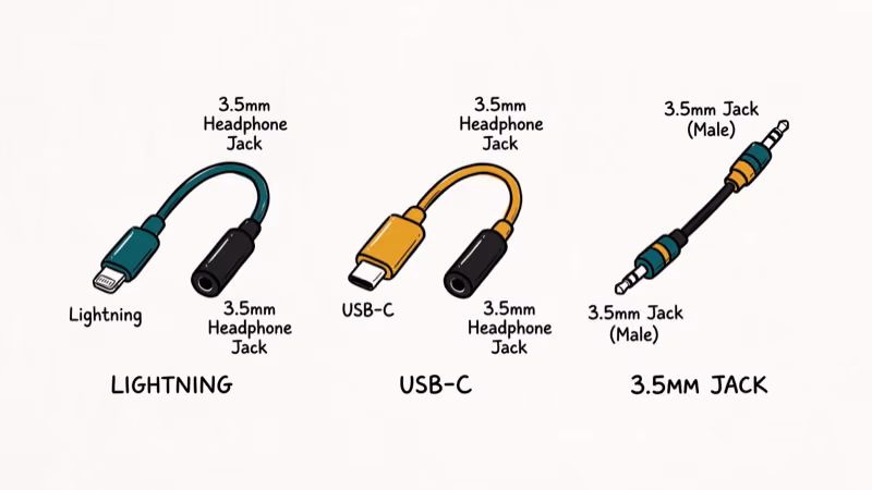 Different audio adapter types Lightning USB-C and 3.5mm jack comparison