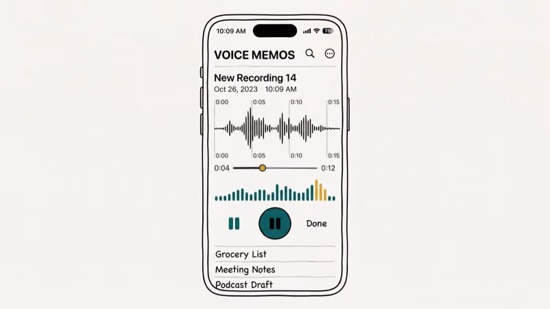 iPhone voice recording app interface with microphone input level meter