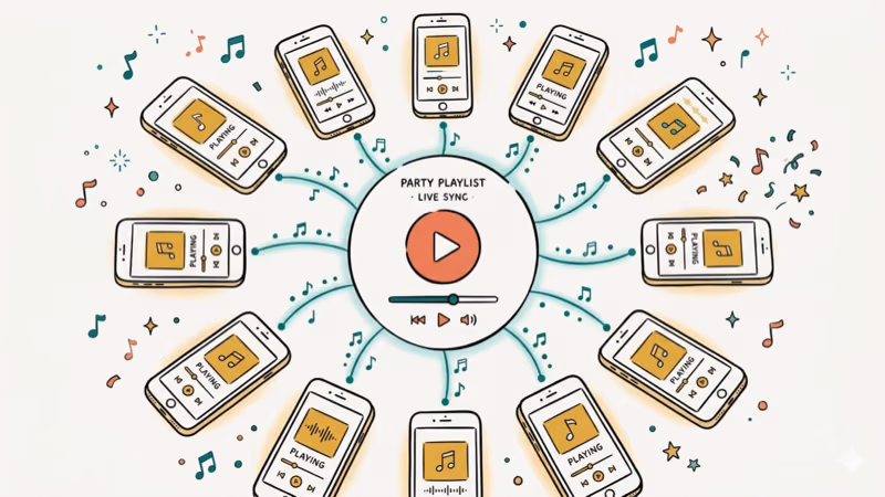 Multiple smartphones connected in a circle through music sync app for party