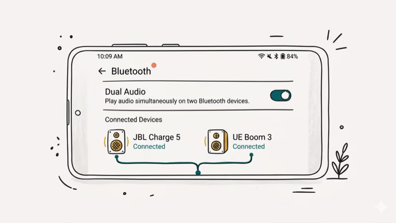 Samsung phone settings screen showing Dual Audio toggle with two speakers connected