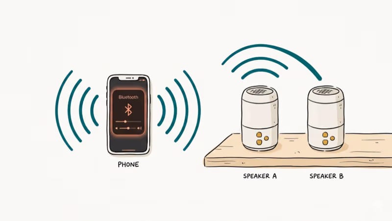Hand-drawn illustration of phone connected to two Bluetooth speakers wirelessly
