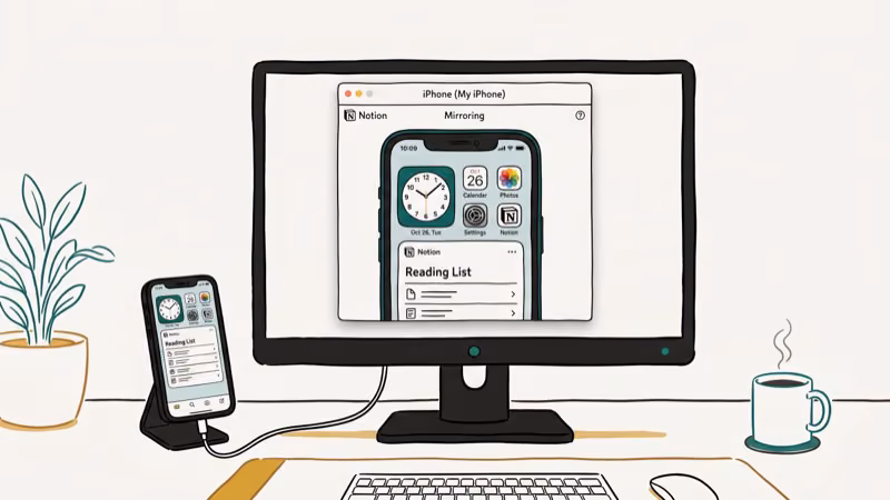 Illustration showing screen mirror for control iphone from pc
