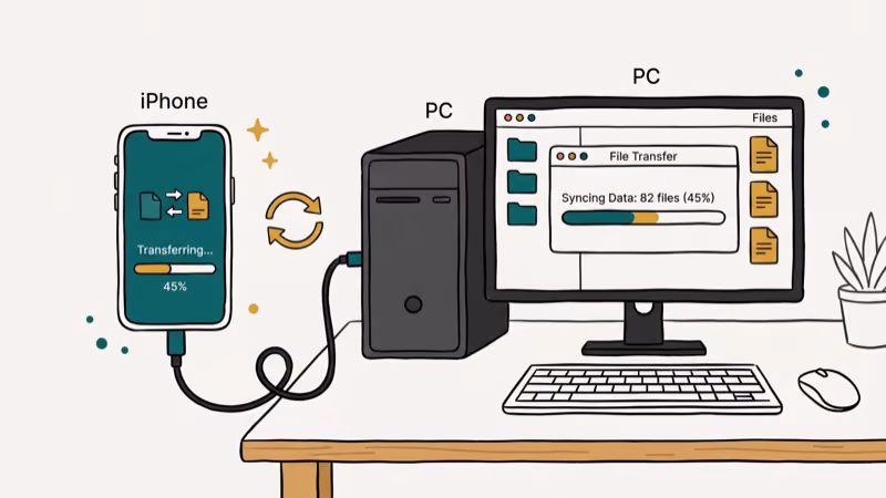 Illustration showing usb cable for control iphone from pc