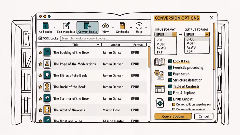 Illustration showing calibre tool for convert acsm to pdf