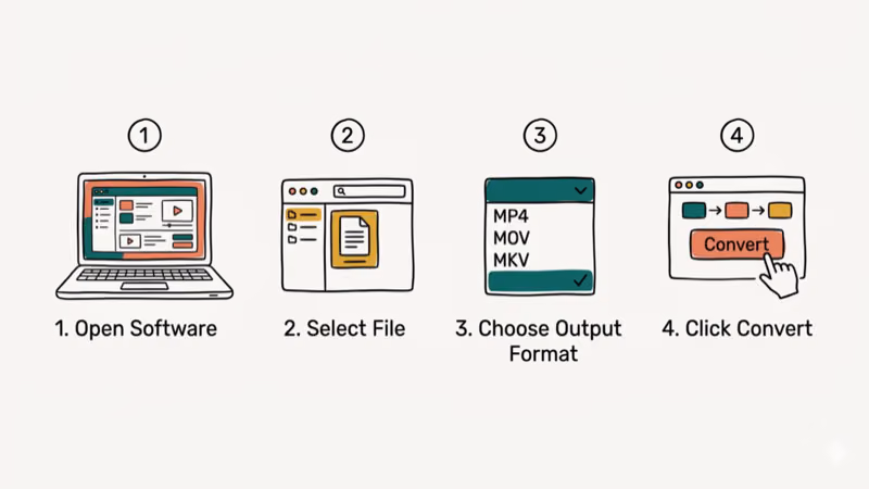 Hand-drawn illustration of video conversion workflow steps from import to export
