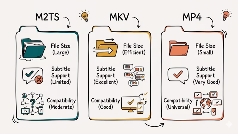 Hand-drawn illustration comparing M2TS MKV and MP4 video file formats