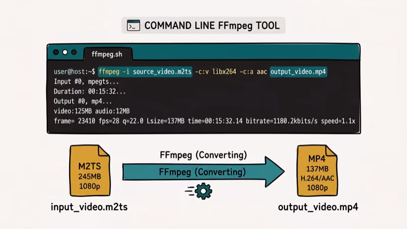 Illustration showing ffmpeg tool for convert m2ts to mp4
