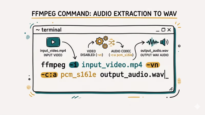 Illustration showing ffmpeg cmd for convert mp4 to wav
