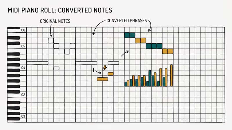 Illustration showing piano roll for convert pdf to midi