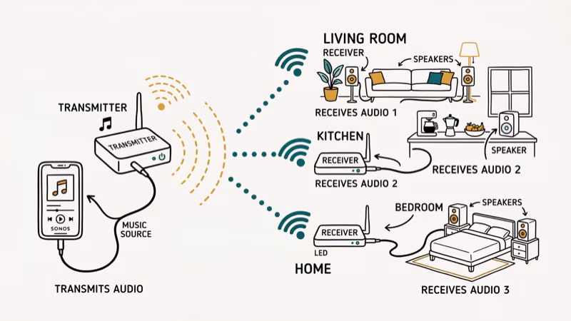 Illustration of wifi transmitter for convert wired speakers to wireless