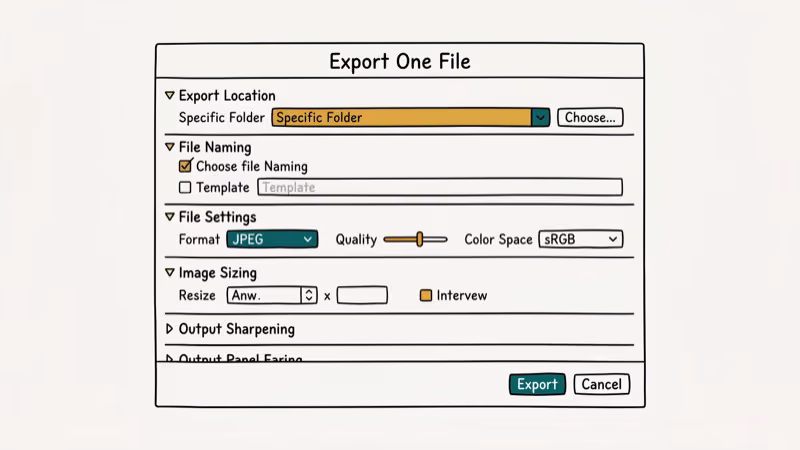 Illustration of lightroom export for converting raw to jpeg