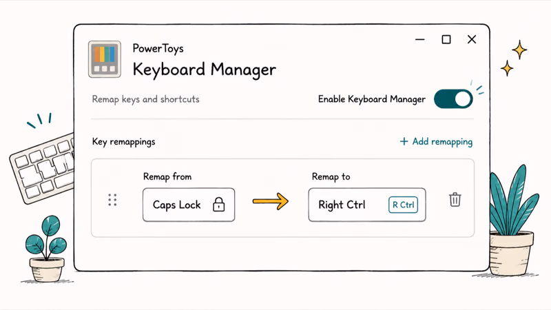 PowerToys Keyboard Manager remapping the Copilot key to right Control with a toggle switched on