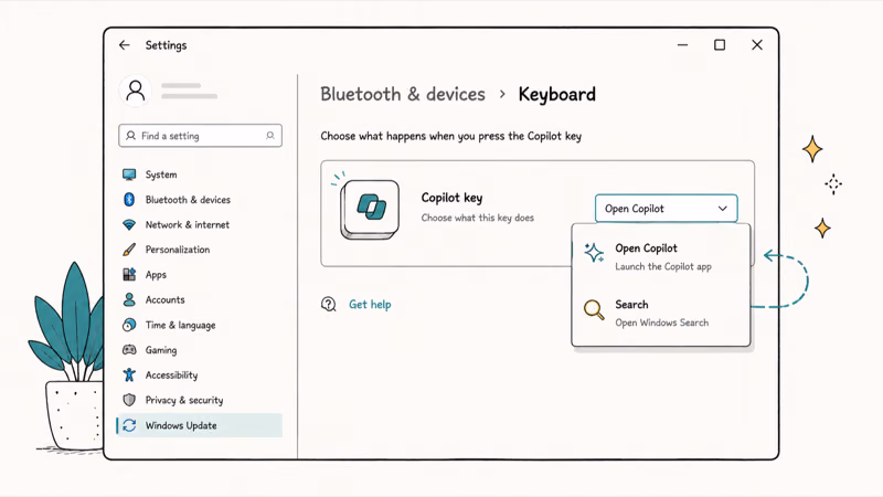 Windows Settings keyboard page with a dropdown to set the Copilot key to Context Menu or right Control