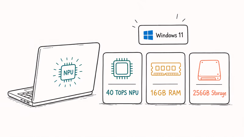 Copilot Plus PC hardware requirements showing 40 TOPS NPU, 16GB RAM, and 256GB storage