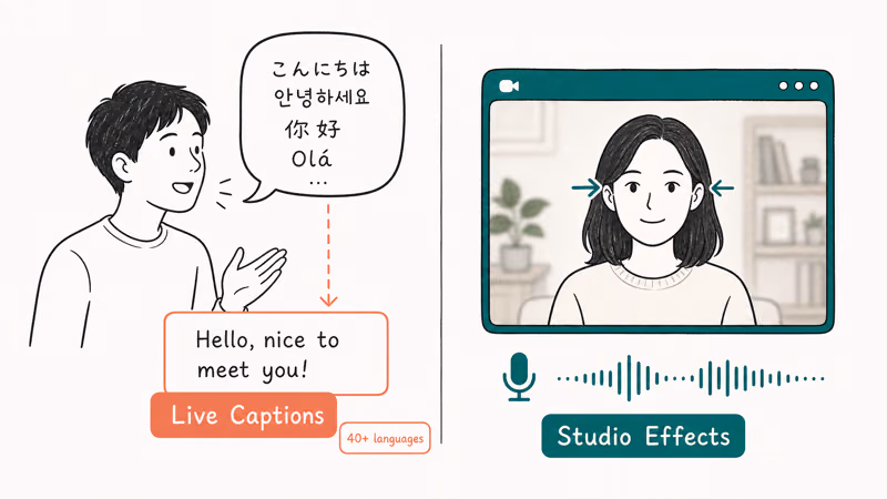 Live Captions translating speech and Windows Studio Effects cleaning up a webcam video call
