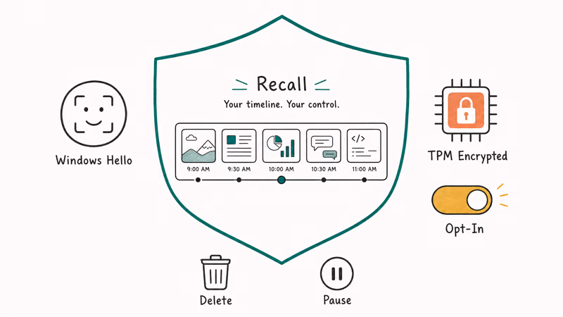Recall privacy controls with Windows Hello sign-in, TPM encryption, and opt-in snapshot toggle