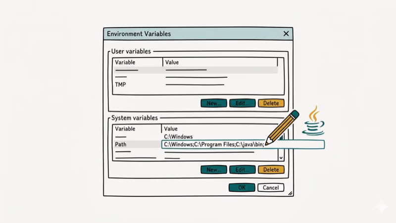 Hand-drawn illustration of Windows system environment variables settings panel