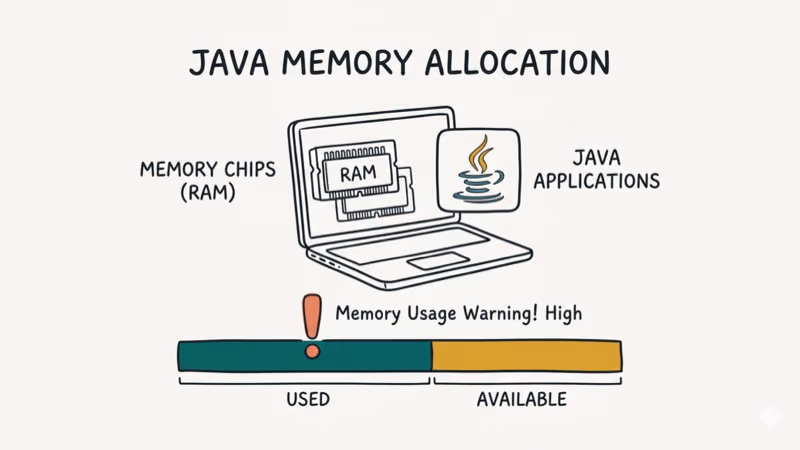 Hand-drawn illustration of Java memory allocation with heap size and RAM chips