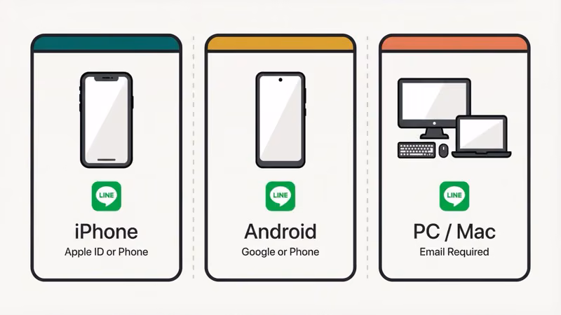 LINE signup options across iPhone, Android, and PC platforms