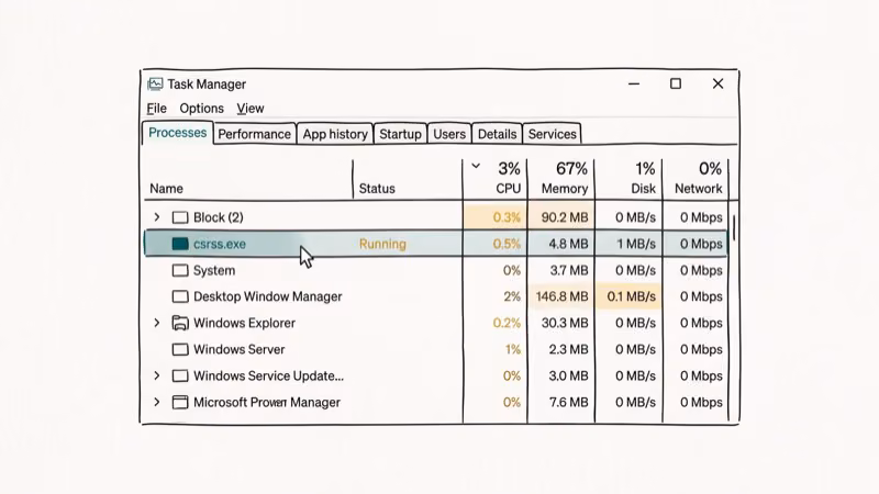 Illustration of task manager csrss for csrss exe trojan