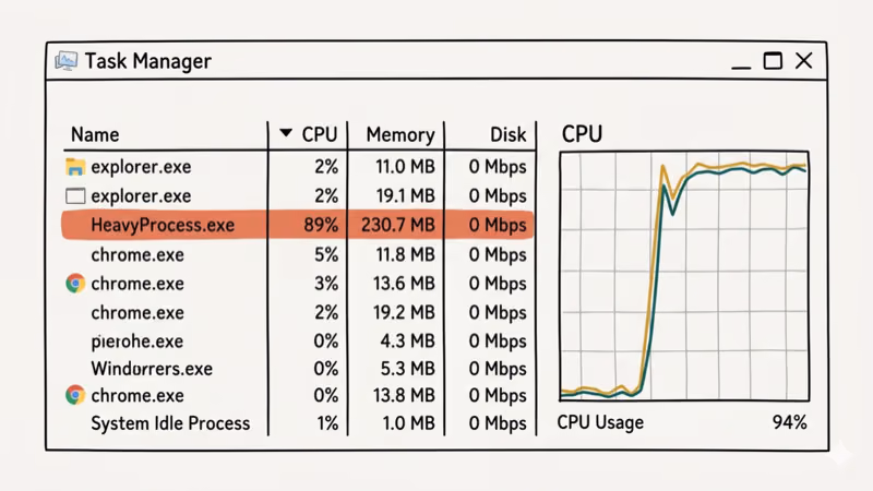 Hand-drawn illustration of Windows Task Manager showing high CPU usage spike