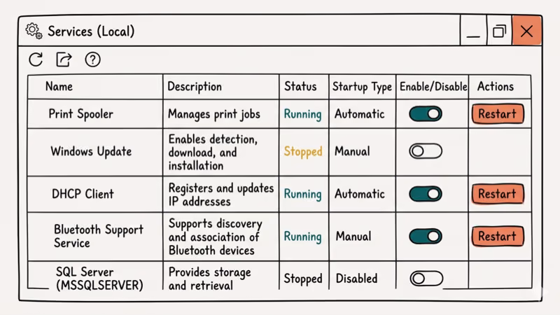 Hand-drawn illustration of Windows Services manager with toggle switches