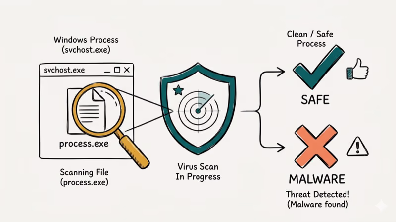 Hand-drawn illustration of scanning a Windows process for malware with shield icon
