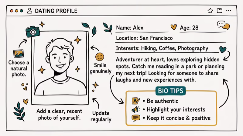 Illustration of profile tips for dating advice for women