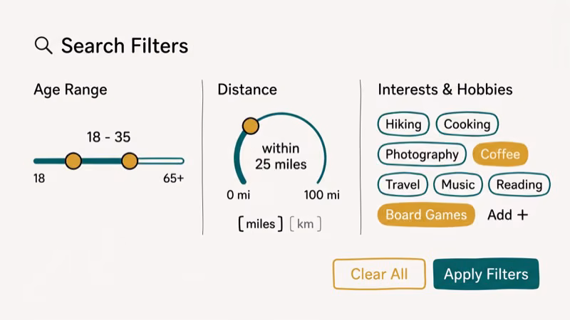 Illustration of search options for dating profile search