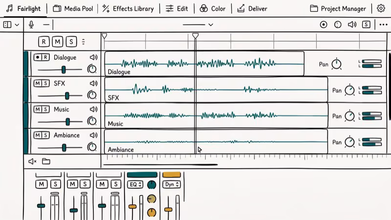 Illustration of fairlight page for davinci resolve audio
