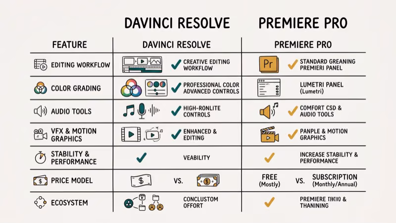 Illustration of feature compare for davinci resolve vs premiere pro