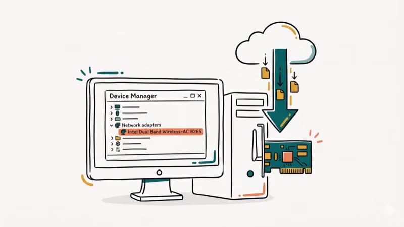 Hand-drawn illustration of network adapter driver update in Device Manager