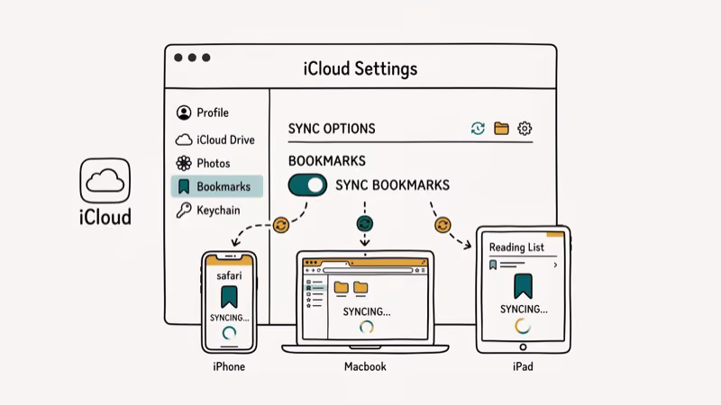 Illustration of sync icloud for delete bookmarks on iphone ipad