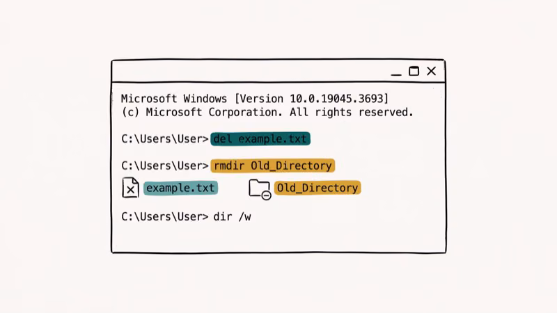 Illustration of cmd prompt for delete files with command