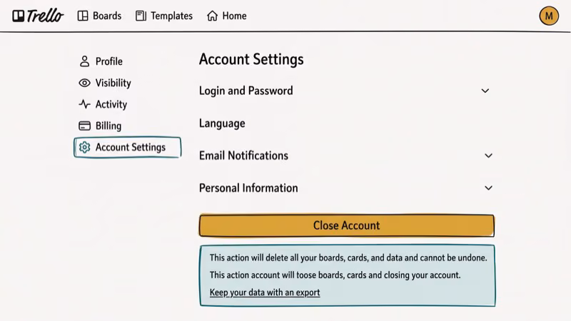 Illustration of account settings for delete trello account board card