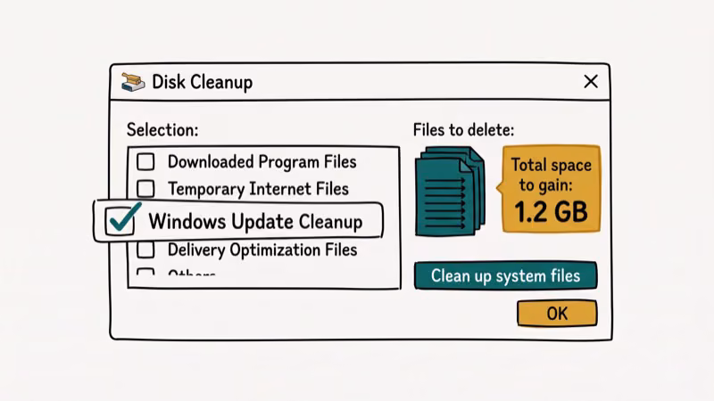 Illustration of disk cleanup for delete windows update files completely