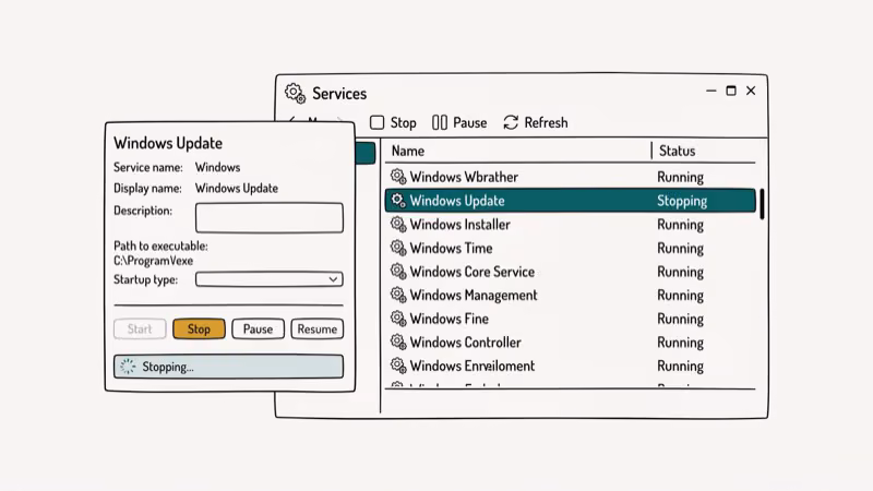 Illustration of services stop for delete windows update files completely