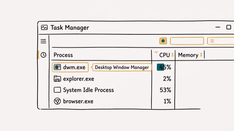 Illustration of task manager dwm for desktop window manager high cpu