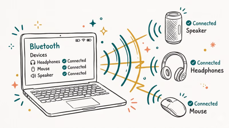 Hand-drawn illustration of Bluetooth device pairing with laptop and peripherals
