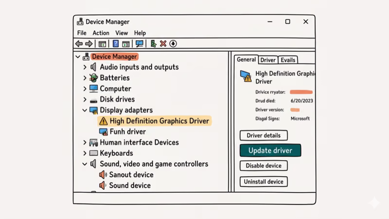 Hand-drawn illustration of Windows Device Manager with driver warning triangle
