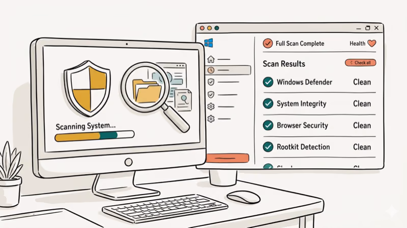 Hand-drawn illustration of running a Windows malware scan with shield and progress bar