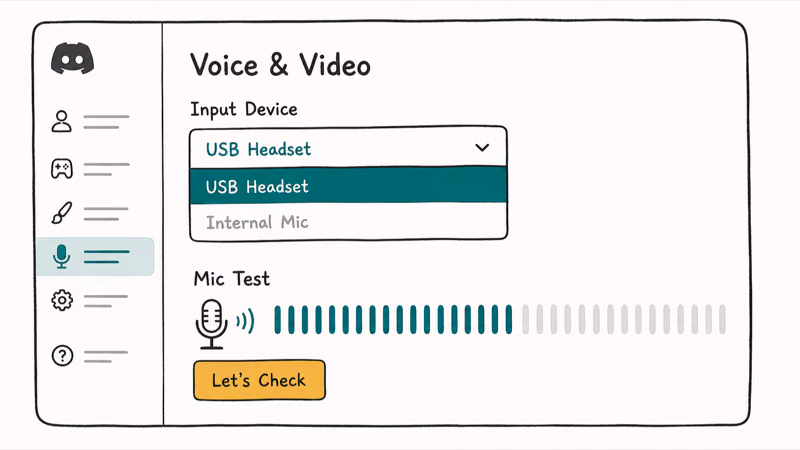 Discord Voice settings panel with input device dropdown and Mic Test bar