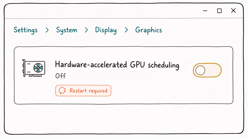 Windows 11 graphics settings showing Hardware accelerated GPU scheduling toggle turned off with restart badge