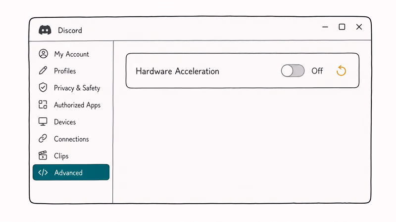 Discord Advanced settings panel with the Hardware Acceleration toggle switched off and highlighted