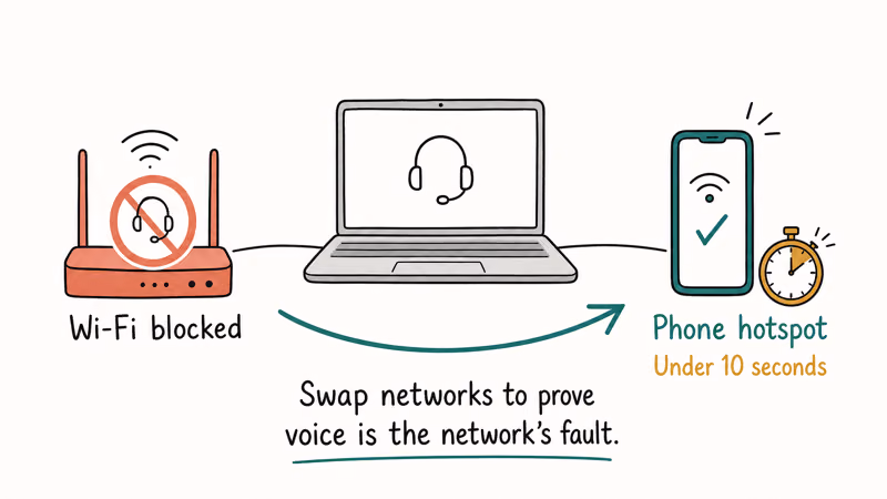 Switching from blocked Wi-Fi to phone hotspot to test Discord voice connection