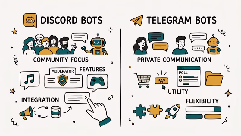 Illustration of bot ecosystem for discord vs telegram
