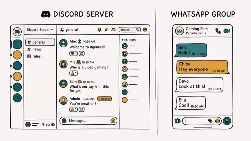 Illustration of server vs group for discord vs whatsapp