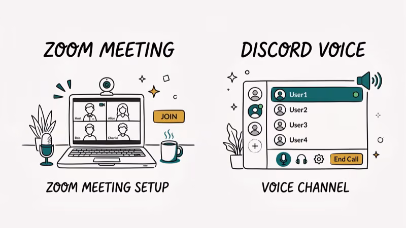 Illustration of meeting setup for discord vs zoom