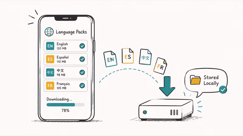 Smartphone downloading offline language packs into local storage so earbuds can translate without internet