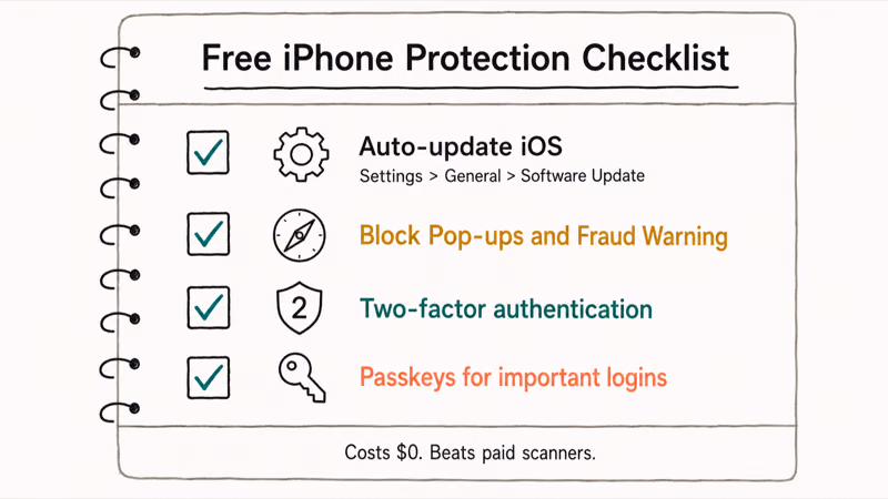 Hand-drawn checklist of four free iPhone protections updates Safari warnings two-factor and passkeys.